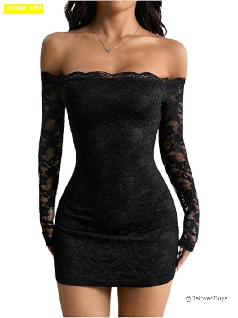 Off Shoulder Lace Bodycon Mini Dress Long Sleeve Party